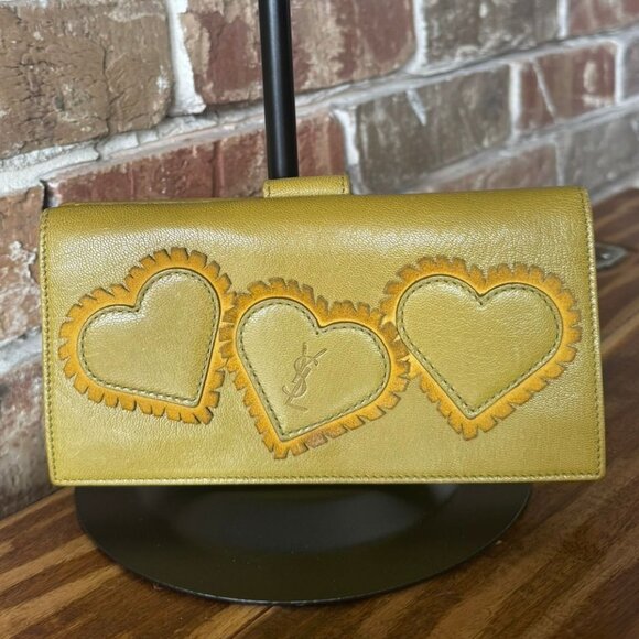 Yves Saint Laurent Rare Long Yellow Leather Wallet W/ Hearts - Picture 1 of 1